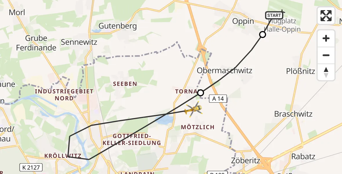 Flugroute Rettungshubschrauber Halle-Oppin Flugplatz - Halle (Saale), 25 Juni 2026, 09:09