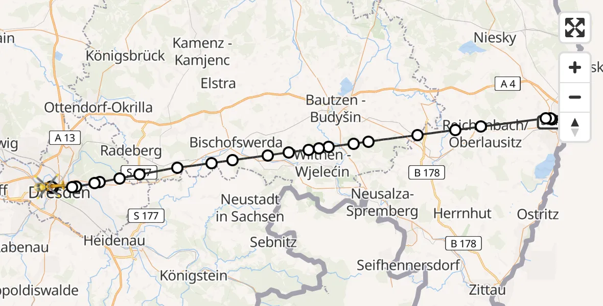 Flugroute Rettungshubschrauber Görlitz Hospital - Dresden Friedrichstadt Hospital, 25 Juni 2026, 09:11
