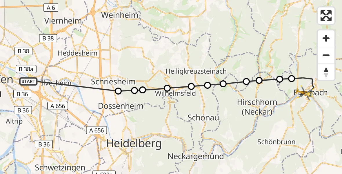 Flugroute Rettungshubschrauber Mannheim-City Flughafen - Eberbach, 25 Juni 2026, 09:13