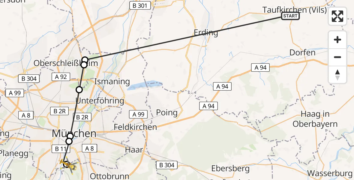 Flugroute Rettungshubschrauber Taufkirchen (Vils) - ADAC Air Rescue Center Hubschrauberlandeplatz (Christoph 1), 25 Juni 2026, 09:17