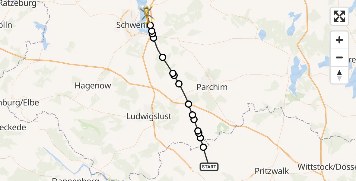 Flugroute Rettungshubschrauber Karstädt - Leezen, 25 Juni 2026, 09:17