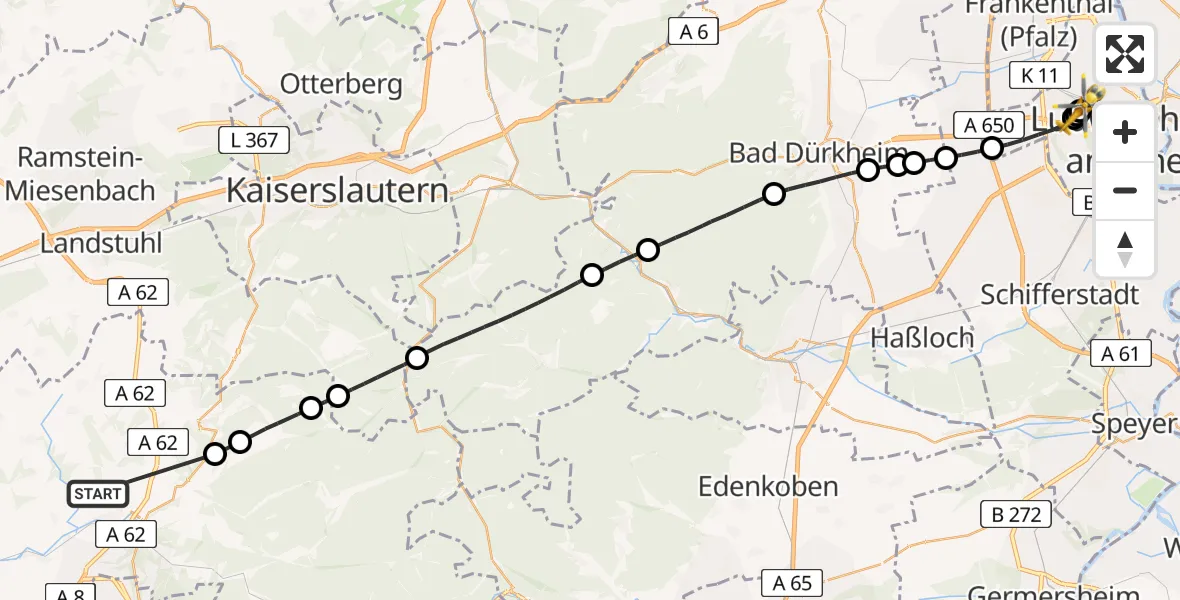 Flugroute Rettungshubschrauber Herschberg - Ludwigshafen Accident Hospital, 25 Juni 2026, 09:17