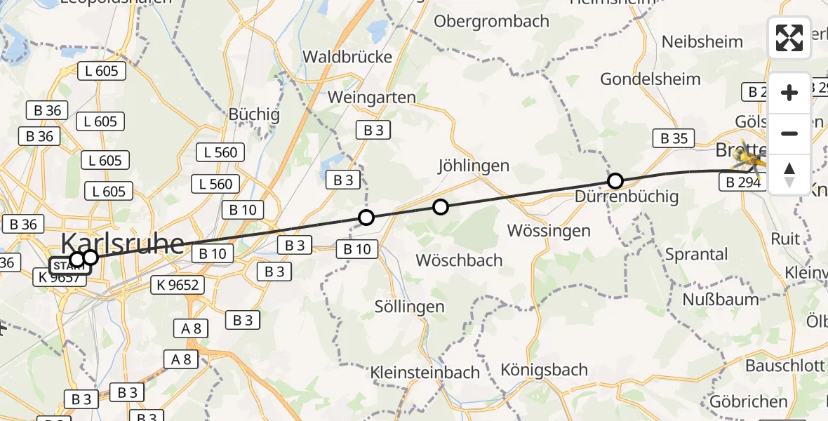 Flugroute Ambulanzhubschrauber Sankt Vincentius Hospital - Bretten, 25 Juni 2026, 09:19