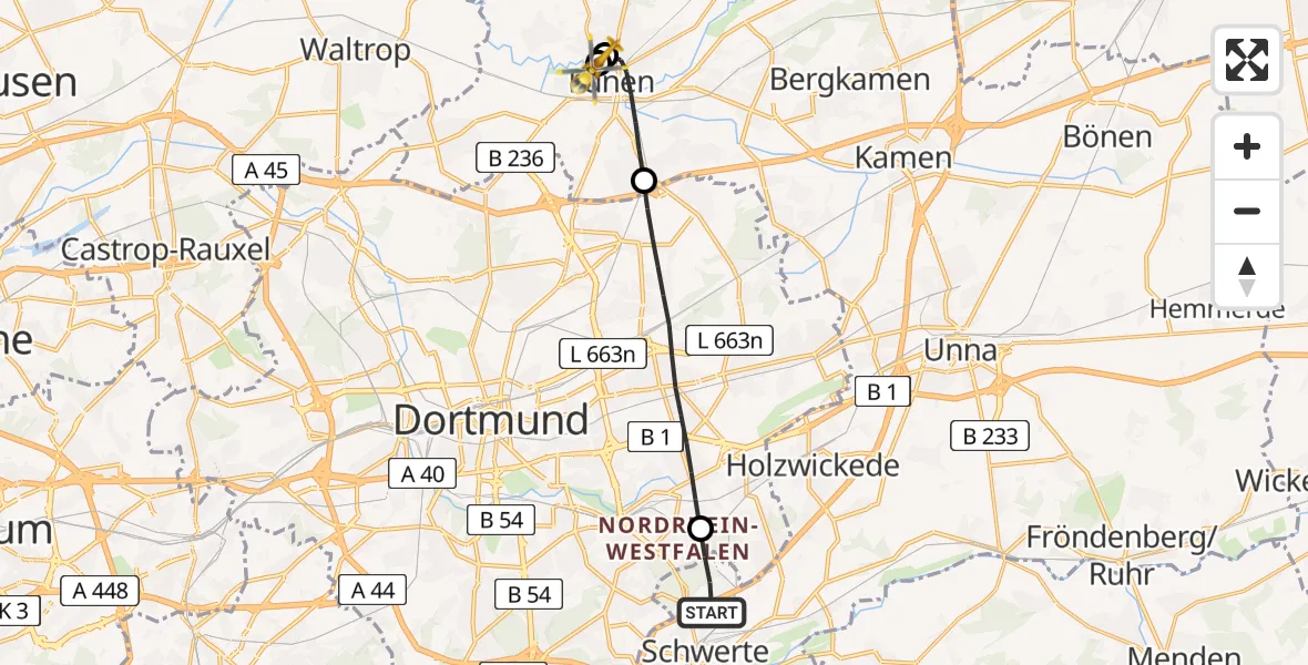 Flugroute Rettungshubschrauber Schwerte - Sankt Marien Hospital, 25 Juni 2026, 09:20
