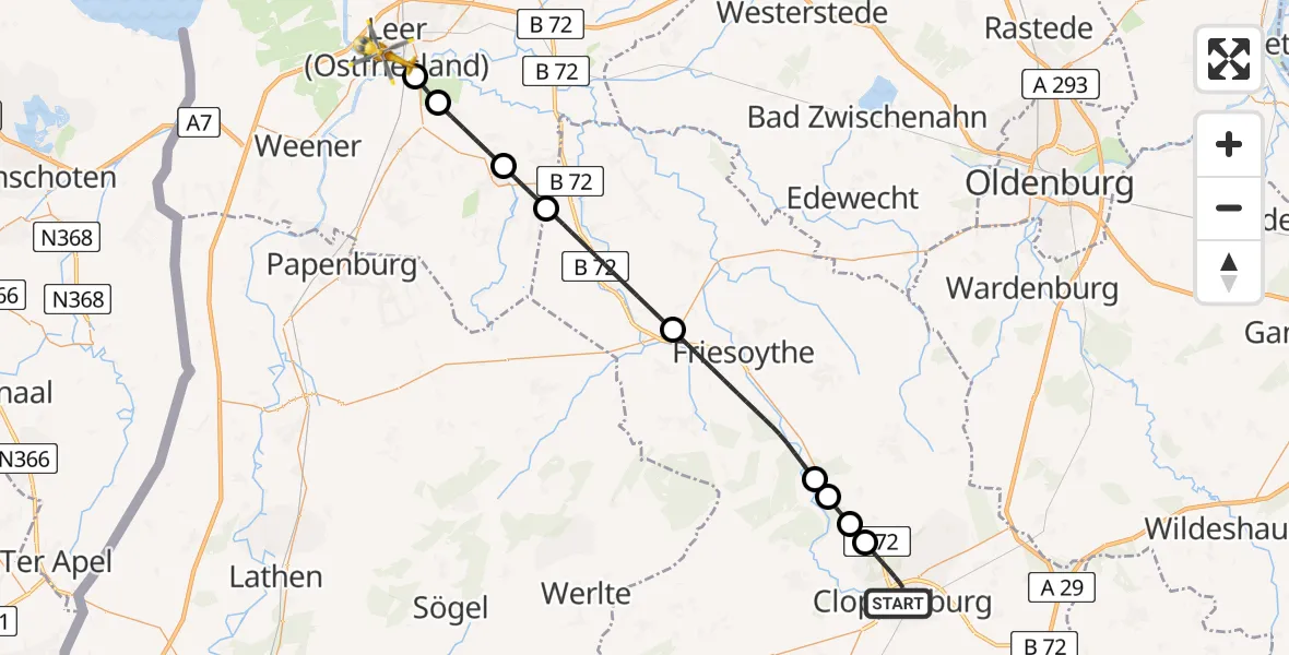 Flugroute Ambulanzhubschrauber Cloppenburg - Leer (Ostfriesland), 25 Juni 2026, 09:20