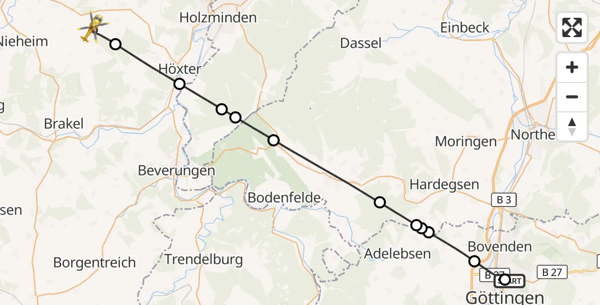 Flugroute Rettungshubschrauber Göttingen University Clinic Hubschrauberlandeplatz - Marienmünster, 25 Juni 2026, 09:20