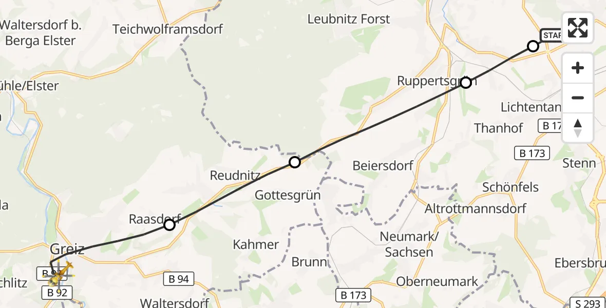 Flugroute Rettungshubschrauber ADAC Air Rescue Station Zwickau Hubschrauberlandeplatz - Greiz, 25 Juni 2026, 09:24