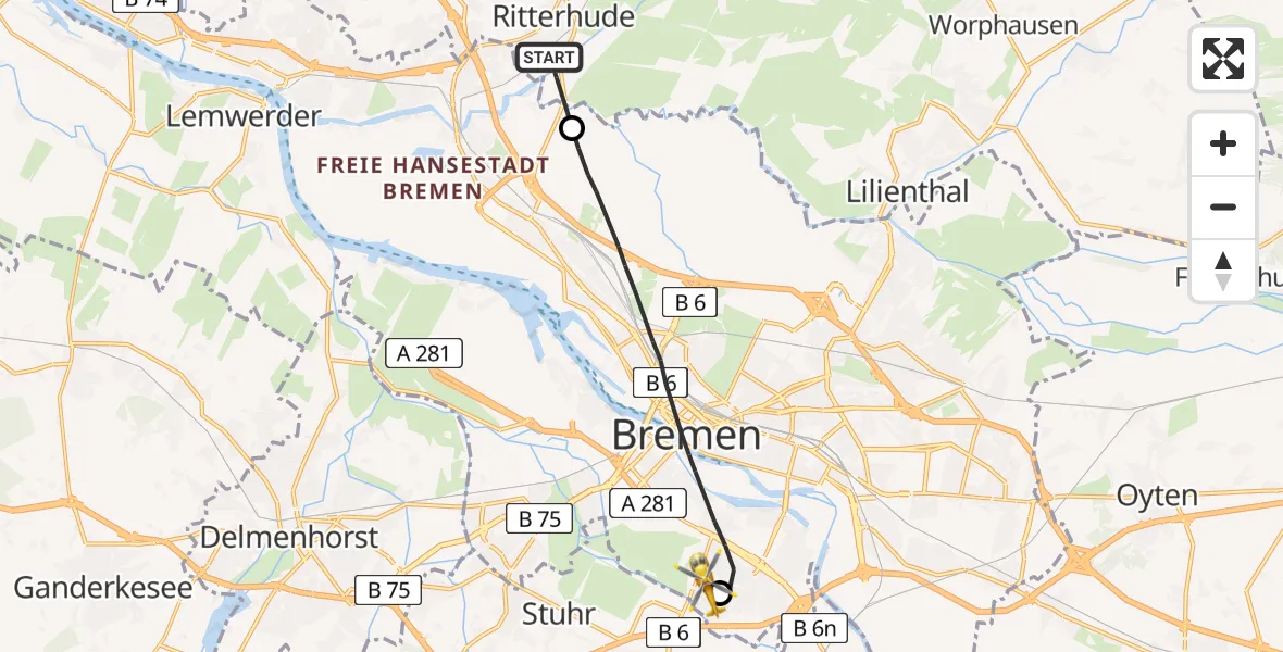 Flugroute Rettungshubschrauber Ritterhude - ADAC Air Rescue Station Bremen Hubschrauberlandeplatz (Christoph 6), 25 Juni 2026, 09:32