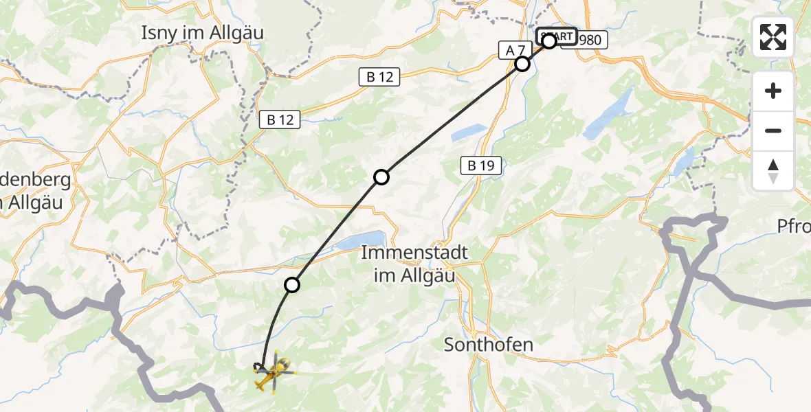 Flugroute Rettungshubschrauber Kempten-Durach Flugplatz - Oberstaufen, 25 Juni 2026, 09:32