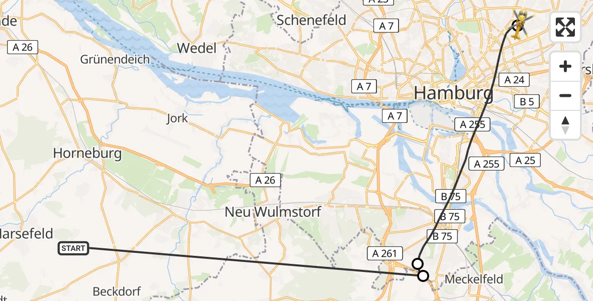 Flugroute Rettungshubschrauber Harsefeld - Hamburg Military Hospital, 25 Juni 2026, 09:34