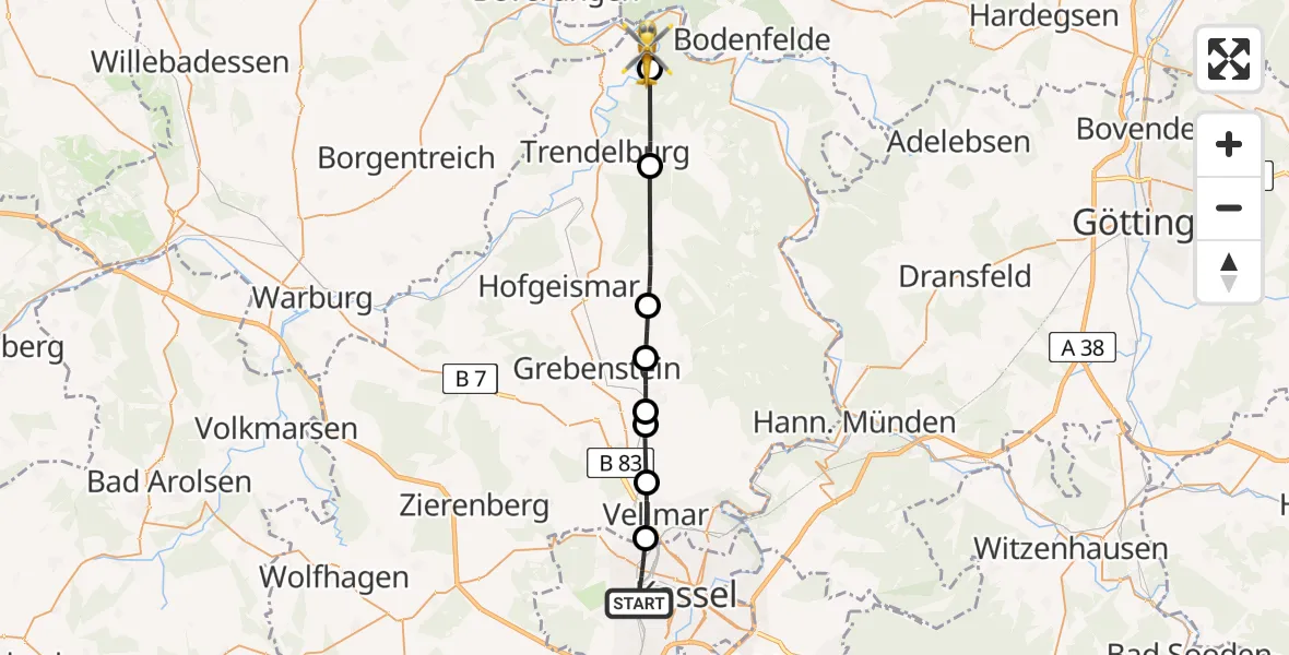 Flugroute Rettungshubschrauber Kassel - Bad Karlshafen, 25 Juni 2026, 09:34