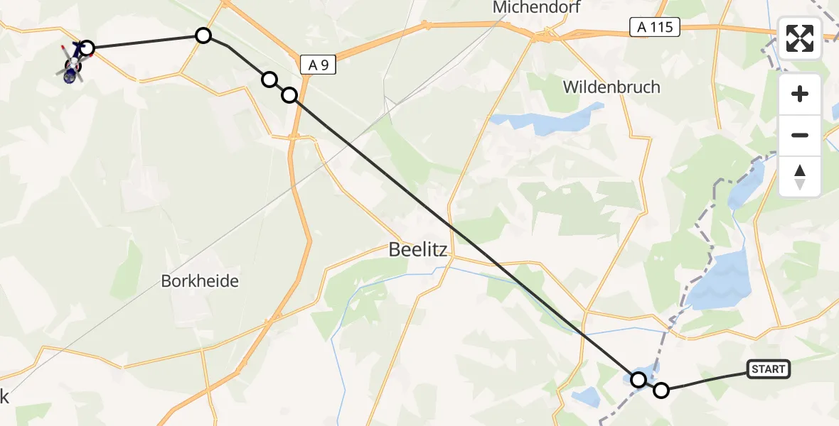 Flugroute Polizeihubschrauber Trebbin - Beelitz, 25 Juni 2026, 09:35