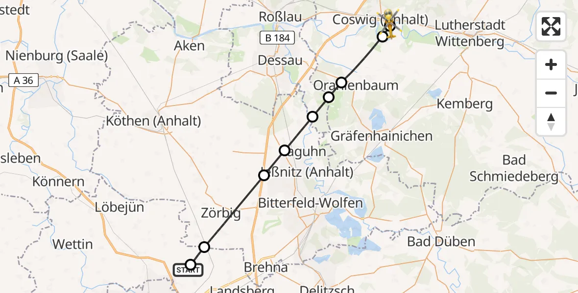 Flugroute Rettungshubschrauber Landsberg - MediClin Heart Center Coswig Hubschrauberlandeplatz, 25 Juni 2026, 09:39
