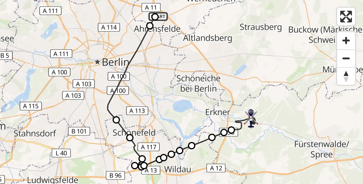 Flugroute Polizeihubschrauber Ahrensfelde Hubschrauberlandeplatz - Grünheide (Mark), 25 Juni 2026, 09:41