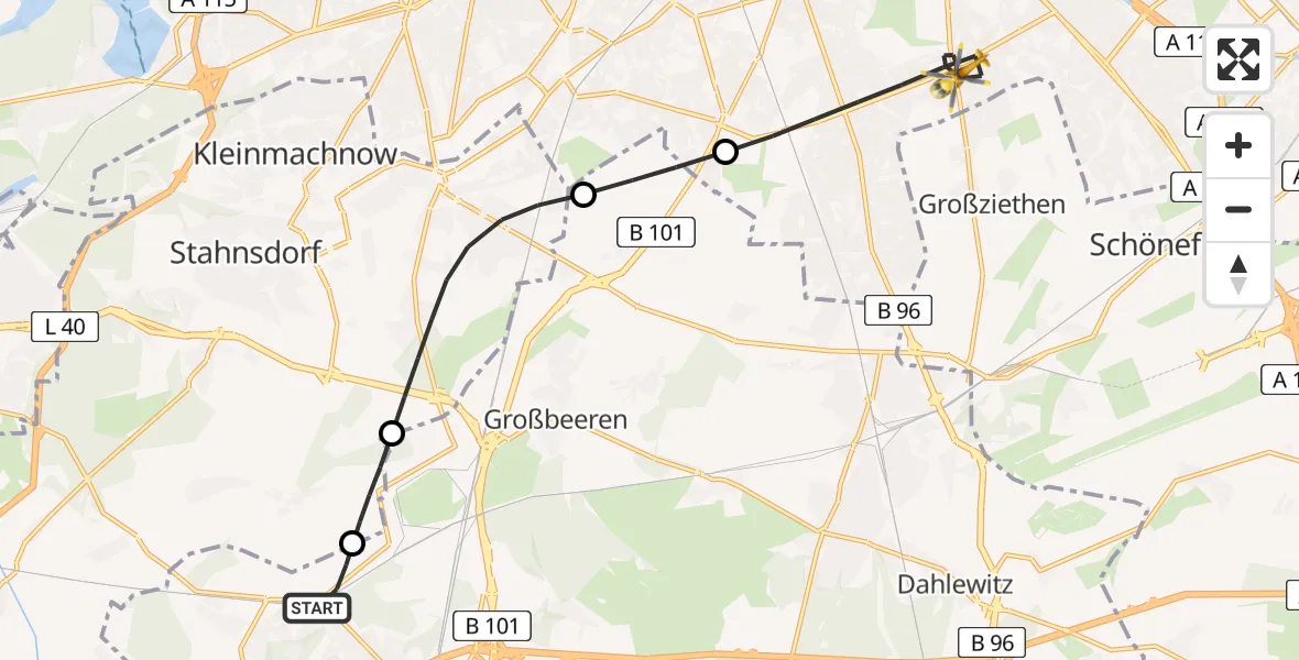 Flugroute Rettungshubschrauber Ludwigsfelde - Berlin, 25 Juni 2026, 09:46