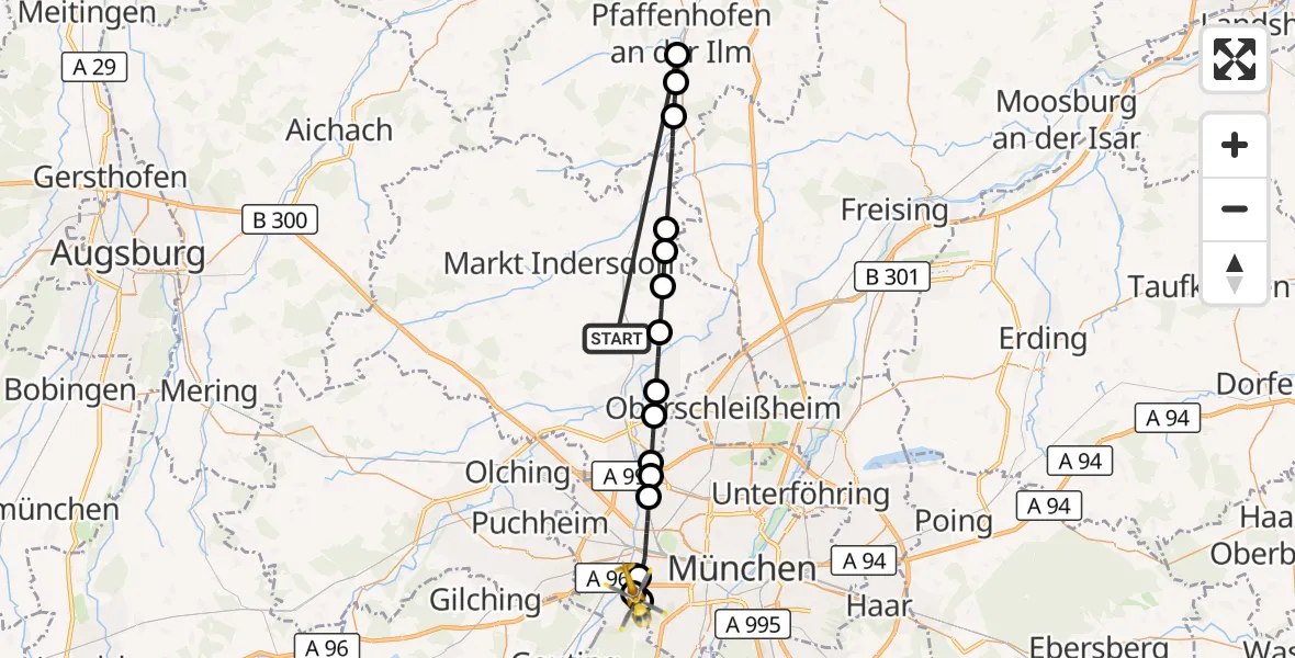 Flugroute Rettungshubschrauber Röhrmoos - Gräfelfing, 25 Juni 2026, 09:54