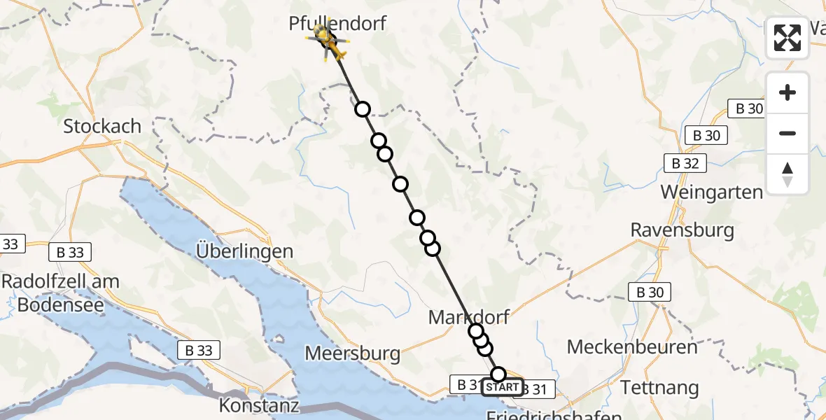 Flugroute Rettungshubschrauber Friedrichshafen Hospital - Pfullendorf Flugplatz, 25 Juni 2026, 09:55