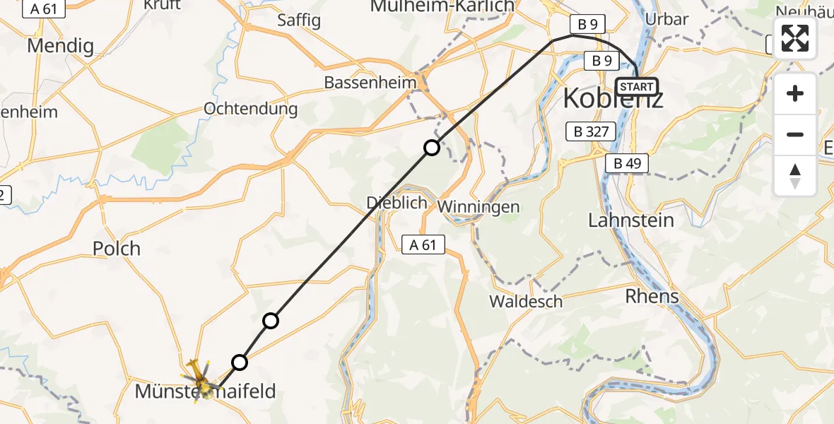 Flugroute Rettungshubschrauber Koblenz - Münstermaifeld, 25 Juni 2026, 09:55