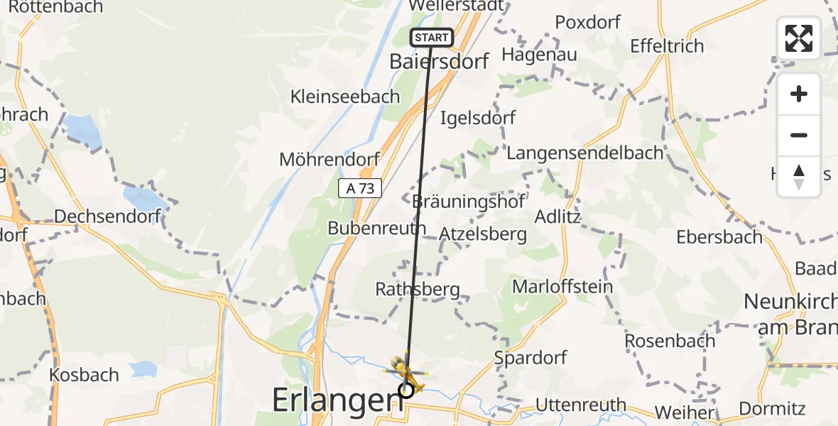 Flugroute Rettungshubschrauber Baiersdorf - Erlangen University Hospital Ebrardstraße, 25 Juni 2026, 09:57