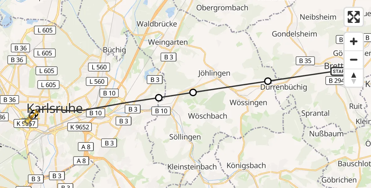 Flugroute Ambulanzhubschrauber Bretten - Sankt Vincentius Hospital, 25 Juni 2026, 09:57