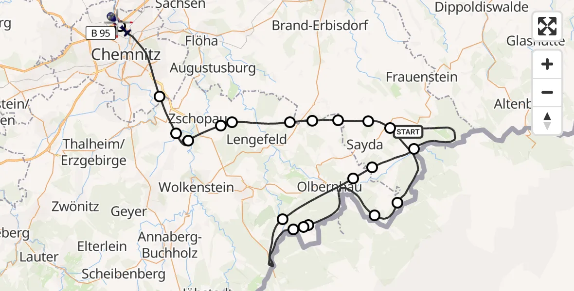 Flugroute Polizeihubschrauber Rechenberg-Bienenmühle - Chemnitz-Glösa Industrial Park Hubschrauberlandeplatz, 25 Juni 2026, 10:00
