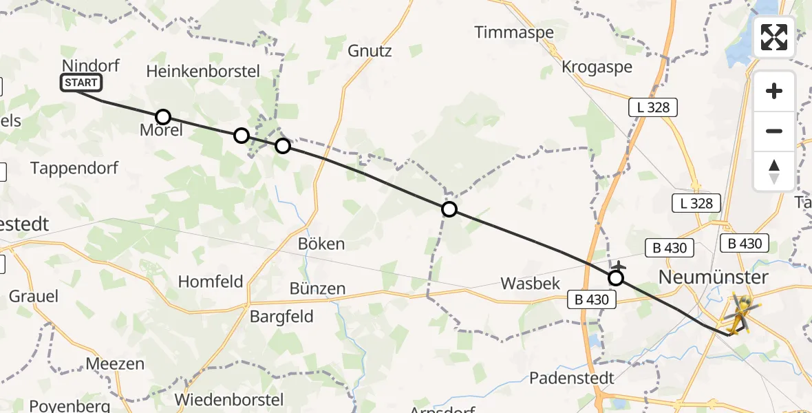 Flugroute Ambulanzhubschrauber Nindorf - Neumünster, 25 Juni 2026, 10:01