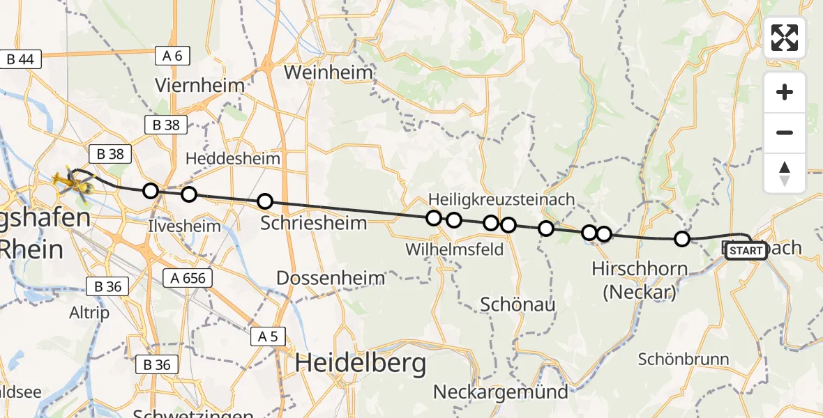 Flugroute Rettungshubschrauber Eberbach - Mannheim, 25 Juni 2026, 10:02