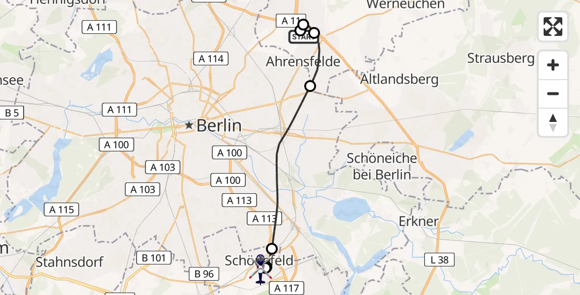 Flugroute Polizeihubschrauber Ahrensfelde Hubschrauberlandeplatz - Schönefeld, 25 Juni 2026, 10:04