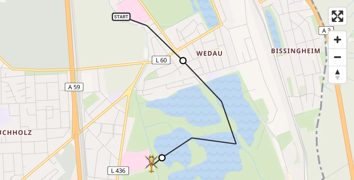 Flugroute Rettungshubschrauber Sana Clinic Duisburg Hubschrauberlandeplatz - Duisburg Air Rescue Hubschrauberlandeplatz (Christoph 9), 25 Juni 2026, 10:08