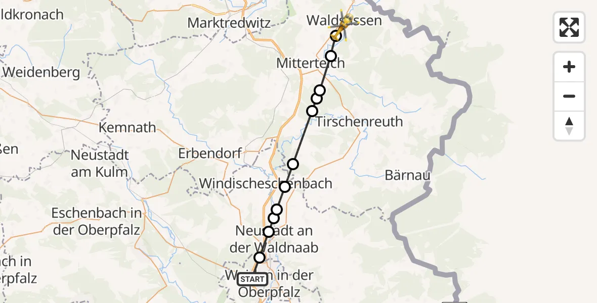 Flugroute Rettungshubschrauber Weiden i.d.OPf. - Waldsassen, 25 Juni 2026, 10:15