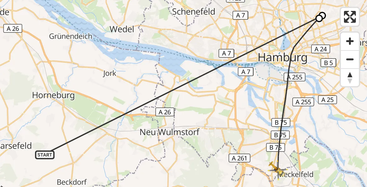 Flugroute Rettungshubschrauber Harsefeld - Hamburg, 25 Juni 2026, 10:16