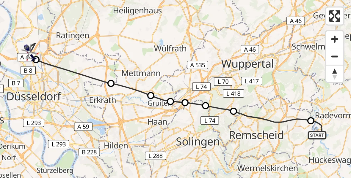 Flugroute Polizeihubschrauber Radevormwald - Düsseldorf Flughafen, 25 Juni 2026, 10:17