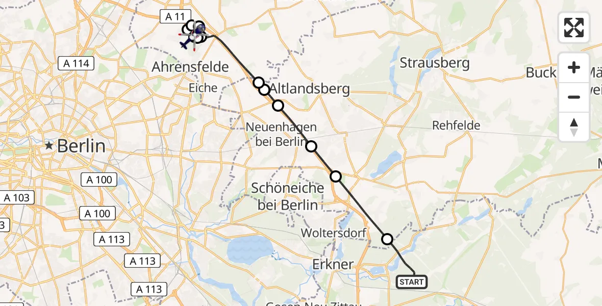 Flugroute Polizeihubschrauber Grünheide (Mark) - Ahrensfelde Hubschrauberlandeplatz, 25 Juni 2026, 10:22