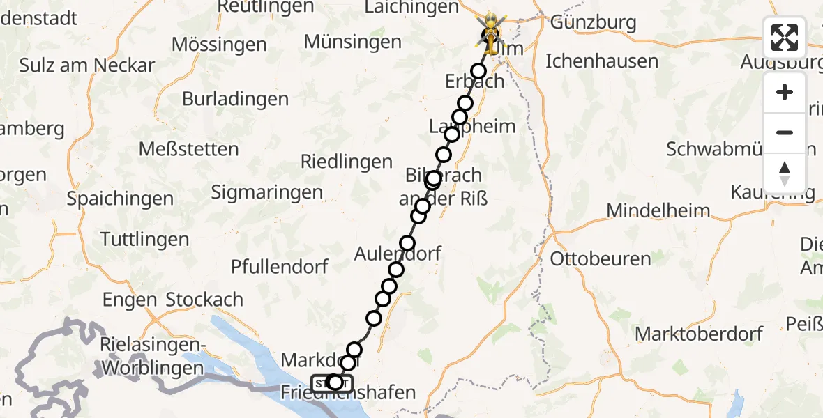 Flugroute Rettungshubschrauber Friedrichshafen Hospital - Ulm Military Hospital Emergency, 25 Juni 2026, 10:27