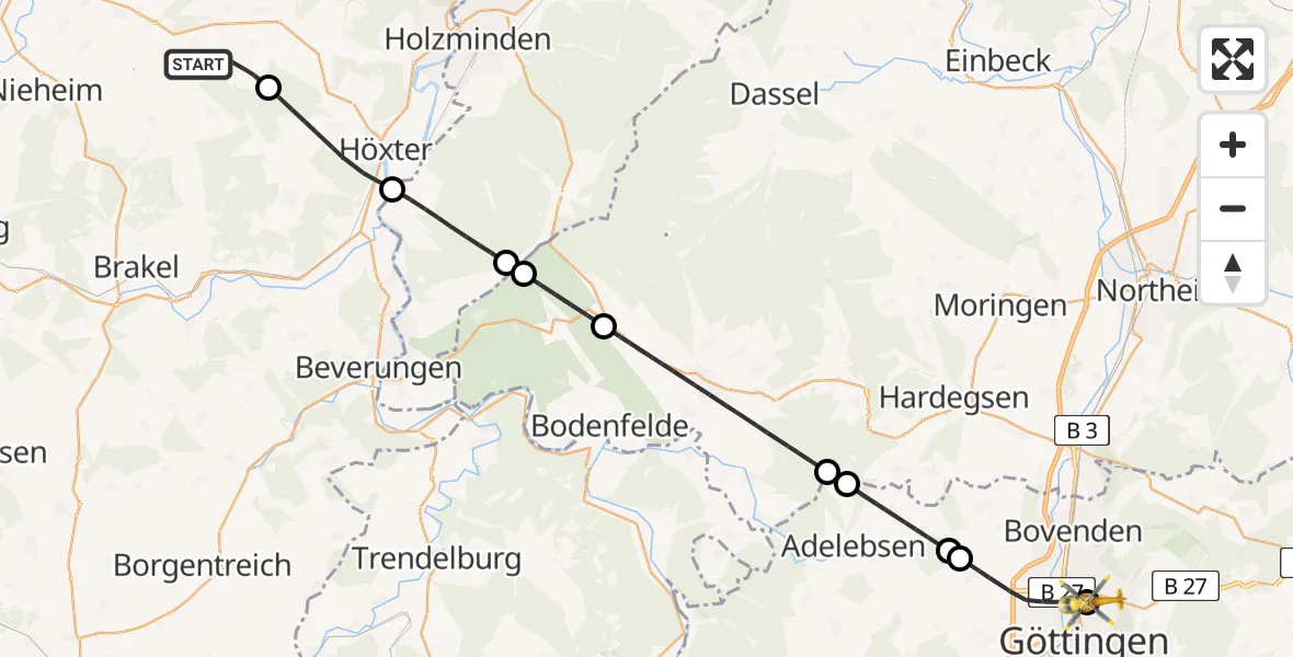 Flugroute Rettungshubschrauber Marienmünster - Göttingen University Clinic Hubschrauberlandeplatz, 25 Juni 2026, 10:27