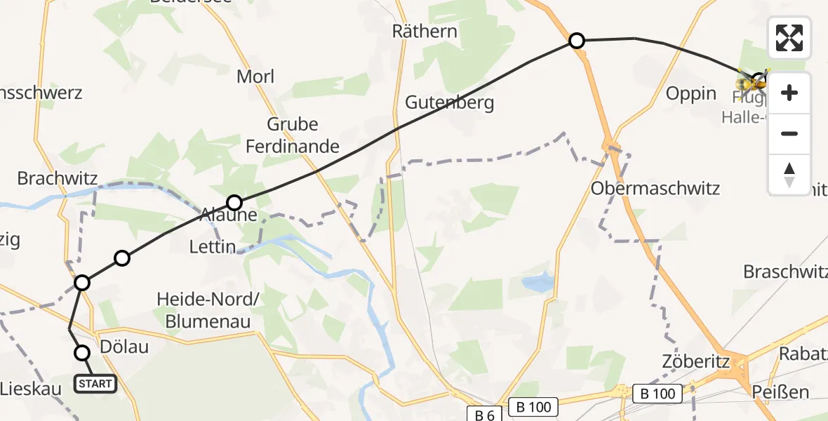 Flugroute Rettungshubschrauber Martha-Maria Halle-Dölau Hospital - Halle-Oppin Flugplatz, 25 Juni 2026, 10:30