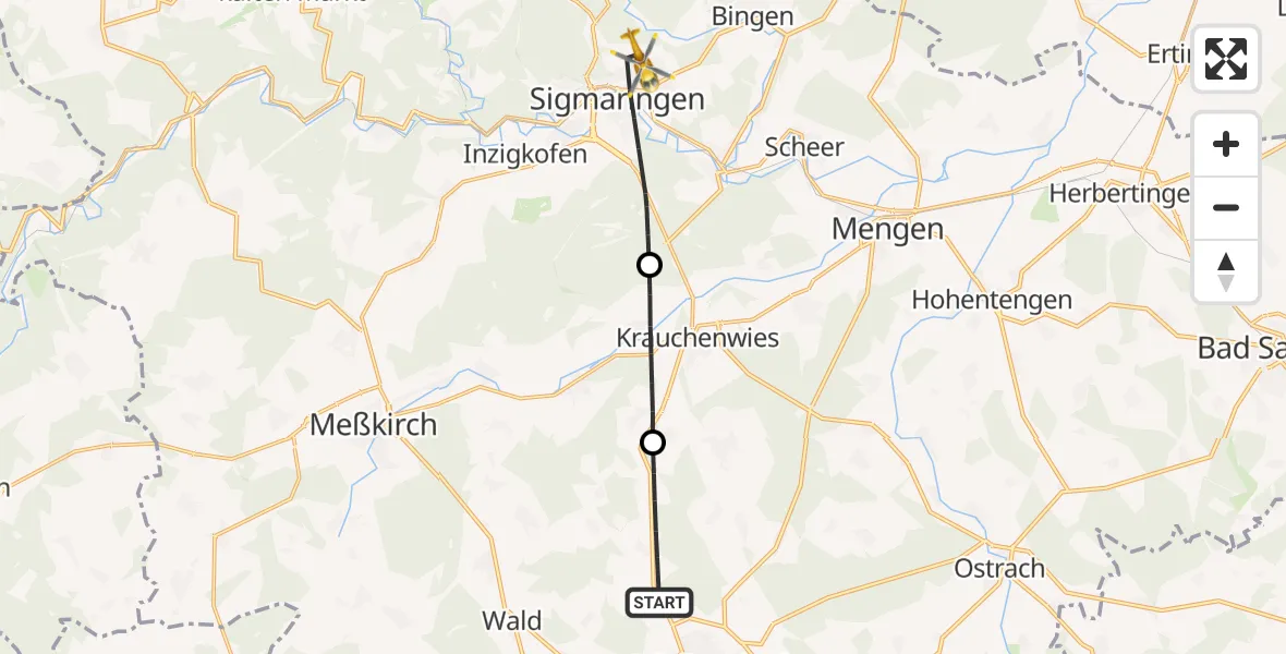 Flugroute Rettungshubschrauber Pfullendorf - Sigmaringen, 25 Juni 2026, 10:30