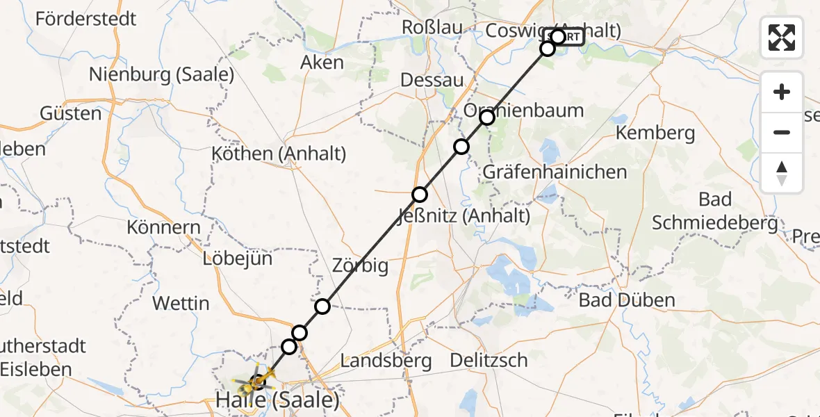Flugroute Rettungshubschrauber MediClin Heart Center Coswig Hubschrauberlandeplatz - Halle (Saale) University Hospital, 25 Juni 2026, 10:34