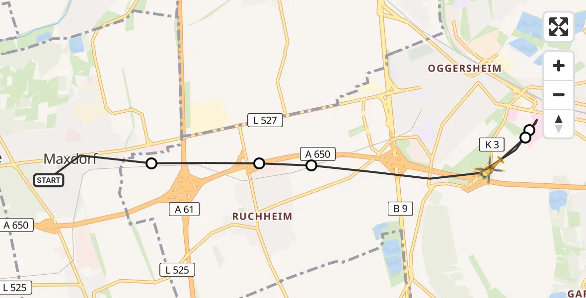 Flugroute Rettungshubschrauber Maxdorf - Ludwigshafen am Rhein, 25 Juni 2026, 10:38