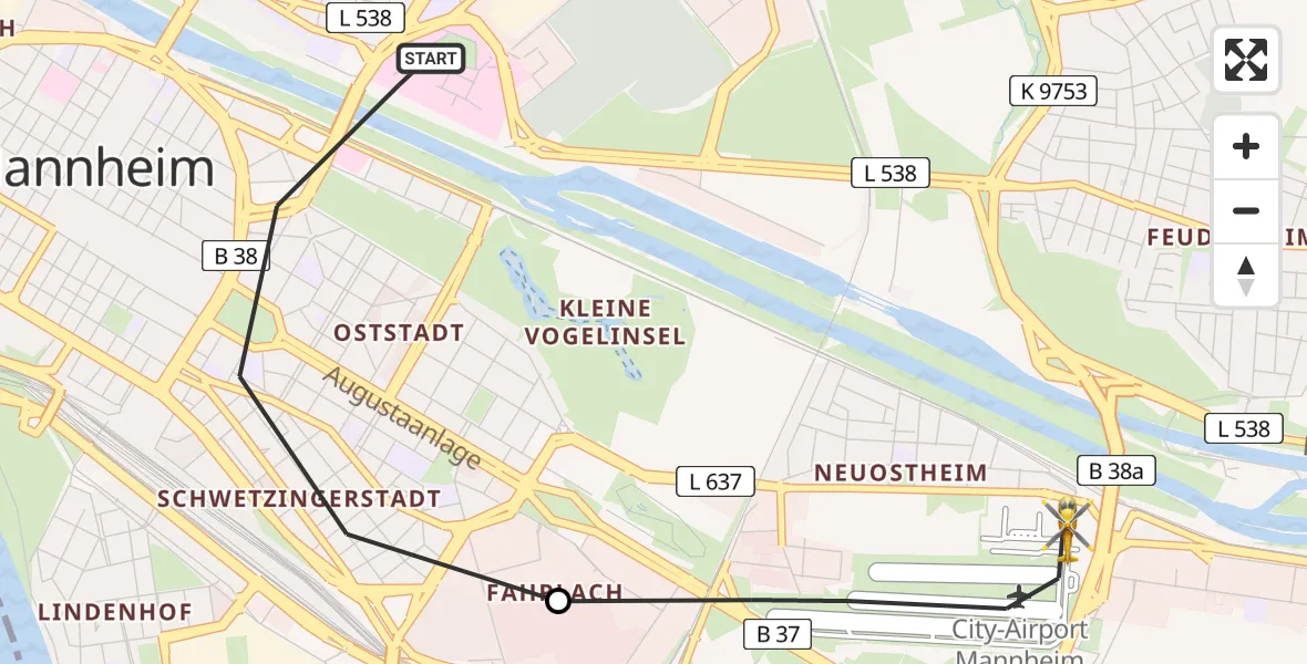 Flugroute Rettungshubschrauber Mannheim - Mannheim-City Flughafen, 25 Juni 2026, 10:41