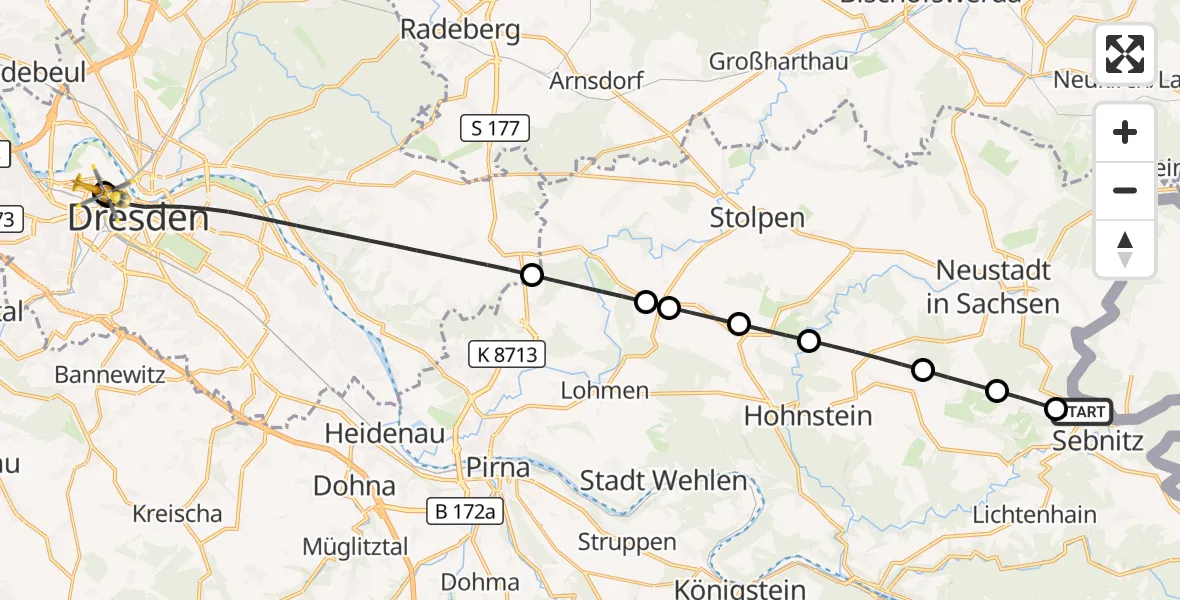 Flugroute Rettungshubschrauber Saxon Switzerland Clinic Sebnitz Hubschrauberlandeplatz - Dresden Friedrichstadt Hospital, 25 Juni 2026, 10:41