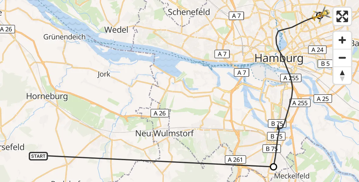 Flugroute Rettungshubschrauber Harsefeld - Hamburg Military Hospital, 25 Juni 2026, 10:43