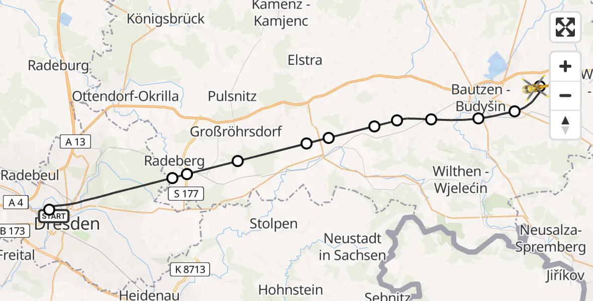 Flugroute Rettungshubschrauber Dresden Friedrichstadt Hospital - Bautzen Flugplatz, 25 Juni 2026, 10:45