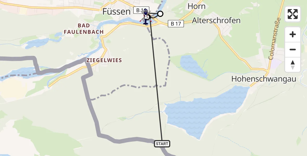 Flugroute Polizeihubschrauber Schwangau - Füssen, 25 Juni 2026, 10:54