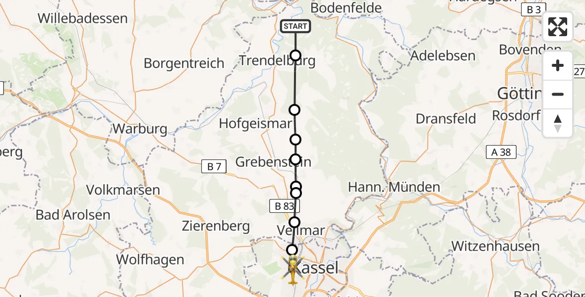 Flugroute Rettungshubschrauber Bad Karlshafen - Kassel, 25 Juni 2026, 10:54