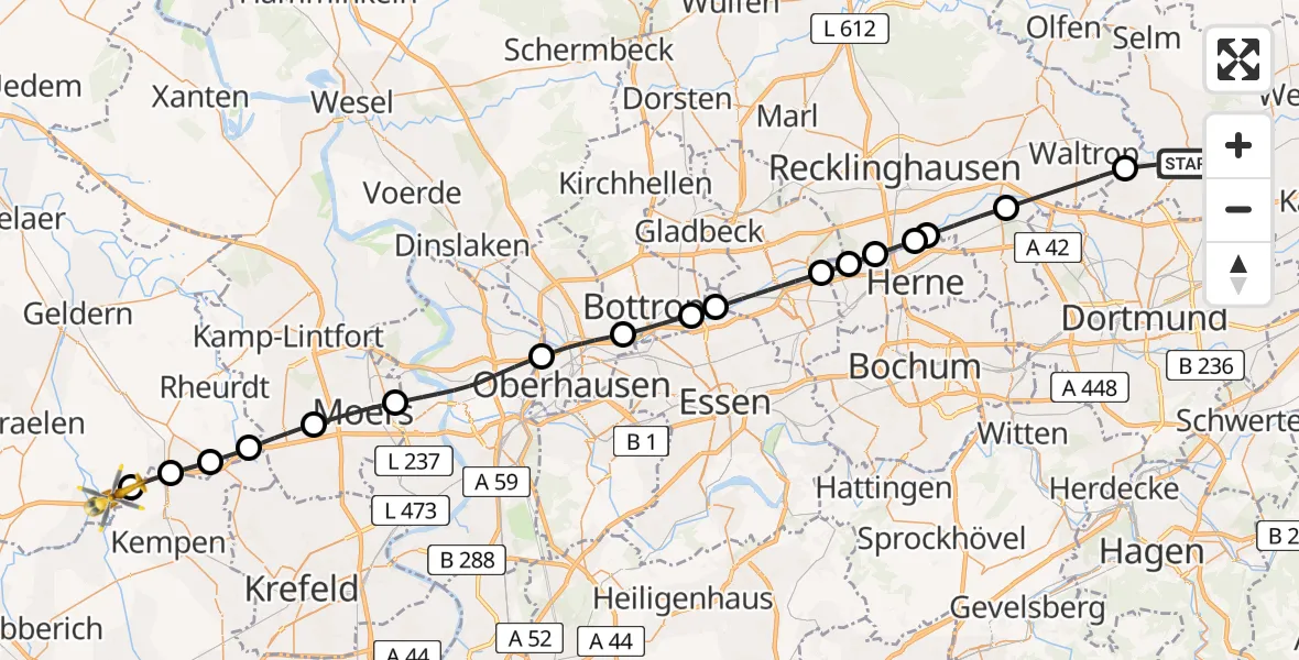 Flugroute Rettungshubschrauber Sankt Marien Hospital - Wachtendonk, 25 Juni 2026, 10:54