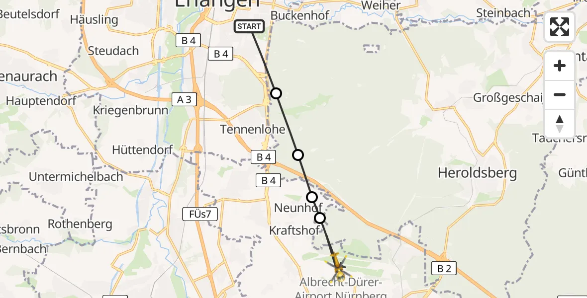 Flugroute Rettungshubschrauber Erlangen - Flughafen Nuremberg, 25 Juni 2026, 10:58