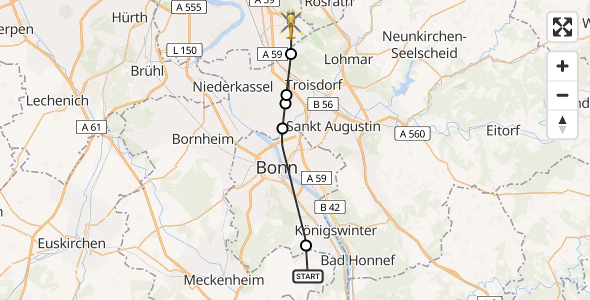 Flugroute Rettungshubschrauber Wachtberg - Köln Bonn Flughafen, 25 Juni 2026, 10:59