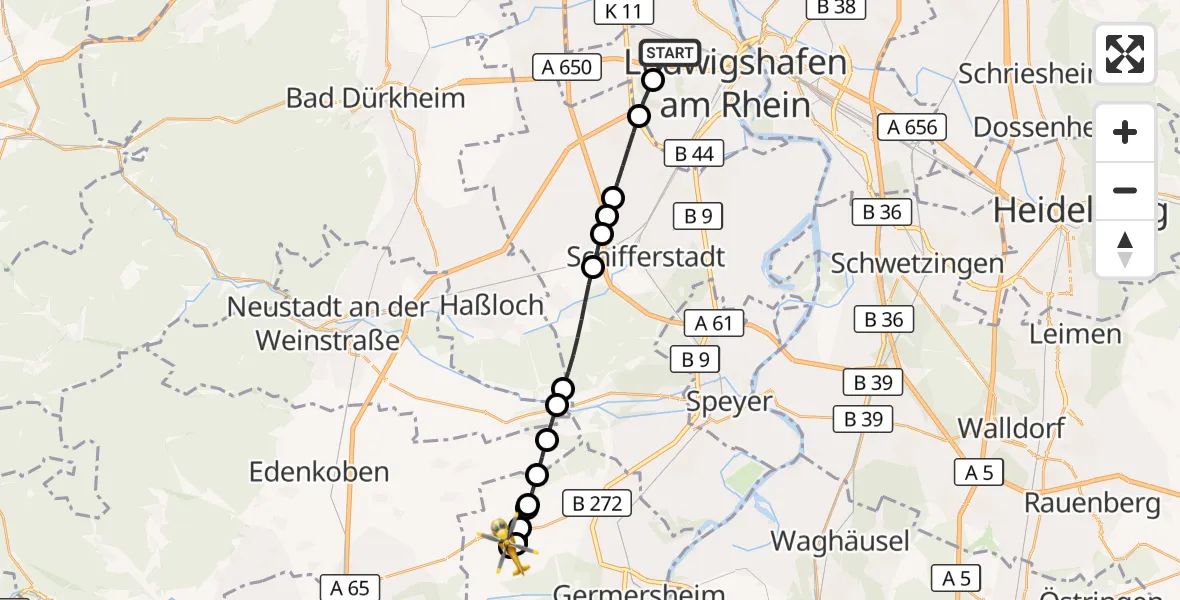 Flugroute Rettungshubschrauber Ludwigshafen Accident Hospital - Lustadt, 25 Juni 2026, 10:59
