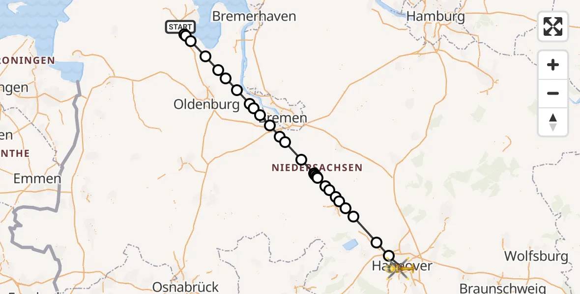Flugroute Rettungshubschrauber Sande - Hannover, 25 Juni 2026, 11:00